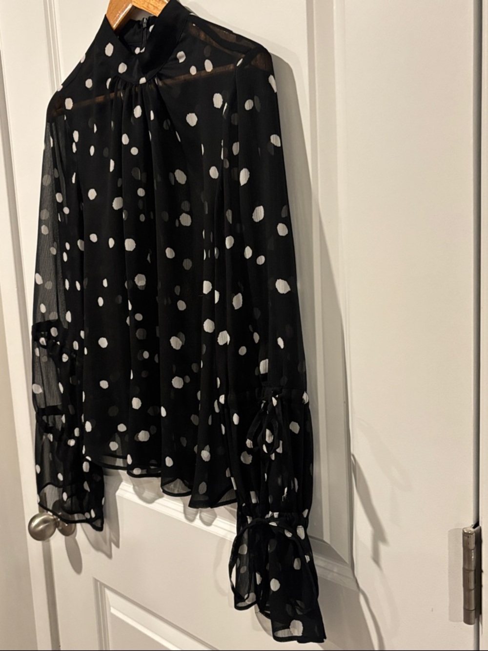 Topshop Drawstring Sleeve Sheer Dot Blouse - Picture 5 of 7